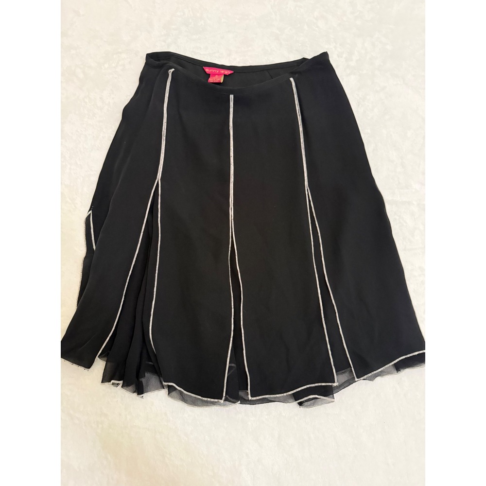 Sunny Leigh Black 100% Silk Contrast Piping Flared A-Line Skirt Womens 10